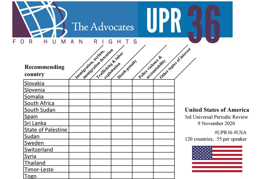 [ai] A table displaying the 3rd Universal Periodic Review (UPR 36) recommendations for the United States of America, including a list of recommending countries and specific human rights issues addressed. The document features the logo of The Advocates for Human Rights and an American flag.